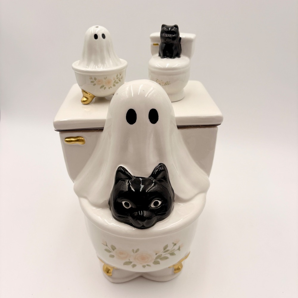 Haunted Halloween Ghost Black Cat Toilet Cookie Jar Salt Pepper Shaker Set NEW